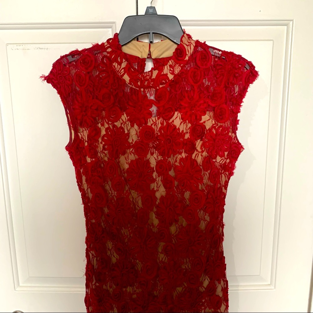 Beverly Hills bridesmaid dress; burgundy-red with beige underneath; size 2-4
